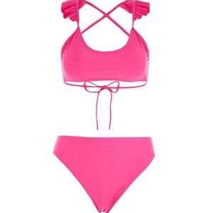 LA LA Swim High Waisted Bikini MEDIUM Ruffle Top LARGE Set Pink